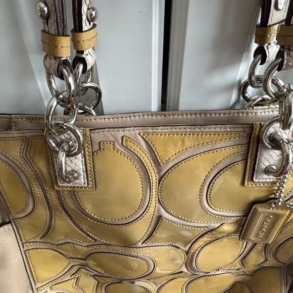 Coach Taupe and Yellow Patent Signature Tote - Picture 8 of 12